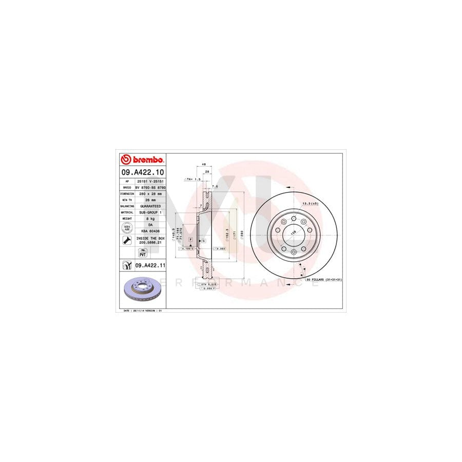 BREMBO 09.A422.10 Brake Disc Internally Vented, with bolts/screws  - 1 piece