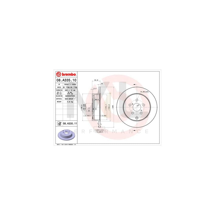 BREMBO 08.A335.10 Brake Disc for TOYOTA AVENSIS Solid  - 1 piece