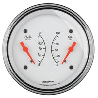AutoMeter Gauge Dual Fuel & Oilp 3-3/8in. 0 Ohm(e) to 90 Ohm(f)& 100PSI Elec Arctic White