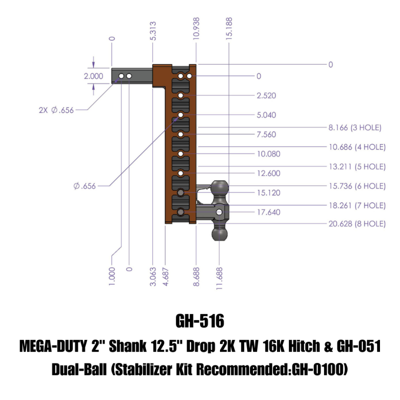 GEN-Y Hitch Gen-Y Mega Duty 2in Shank 12.5in Drop 16K Hitch w/GH-051 Dual-Ball
