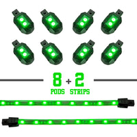 XKGLOW XK Glow Strips Single Color XKGLOW LED Accent Light Motorcycle Kit Green - 8xPod + 2x8In