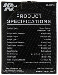 K&N Engineering K&N Universal Air Filter (4in. Flange / 6in. Base OD / 4-5/8in. Top OD / 6in. Height)