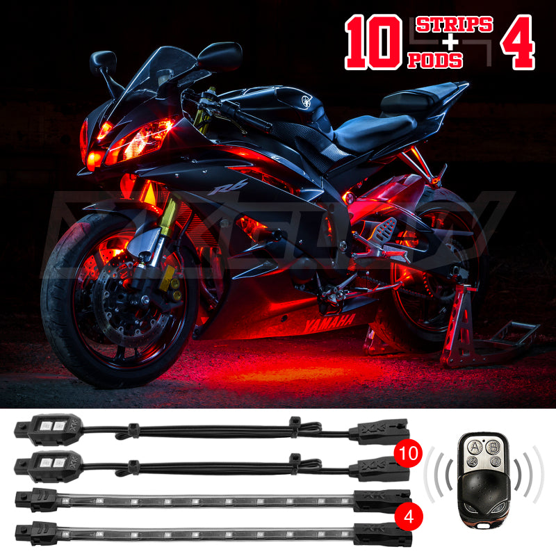 XKGLOW XK Glow Single Color XKGLOW LED Accent Light Motorcycle Kit Red - 10xPod + 4x8InStrips