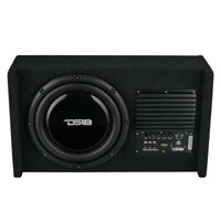DS18 Single 10in Shallow Subwoofer & Enclosure 300 Watt RMS Downfiring Sealed Black Carpet Amplified