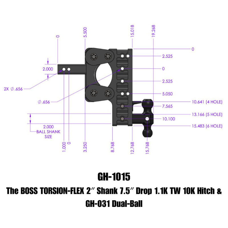 GEN-Y Hitch Gen-Y The Boss Torsion-Flex 2in Shank 7.5in Drop 1.1K TW 10K Hitch w/GH-031 Dual-Ball