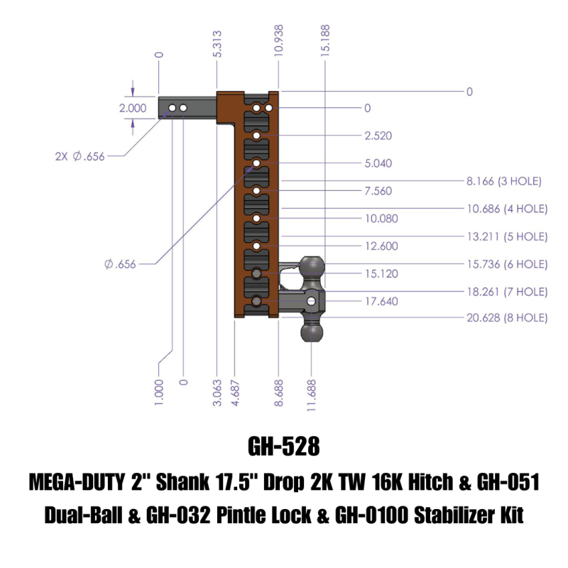 GEN-Y Hitch Gen-Y Mega Duty 2in Shank 17.5in Drop 16K Hitch w/Dual-Ball/Pintle Lock/Stabilizer Kit