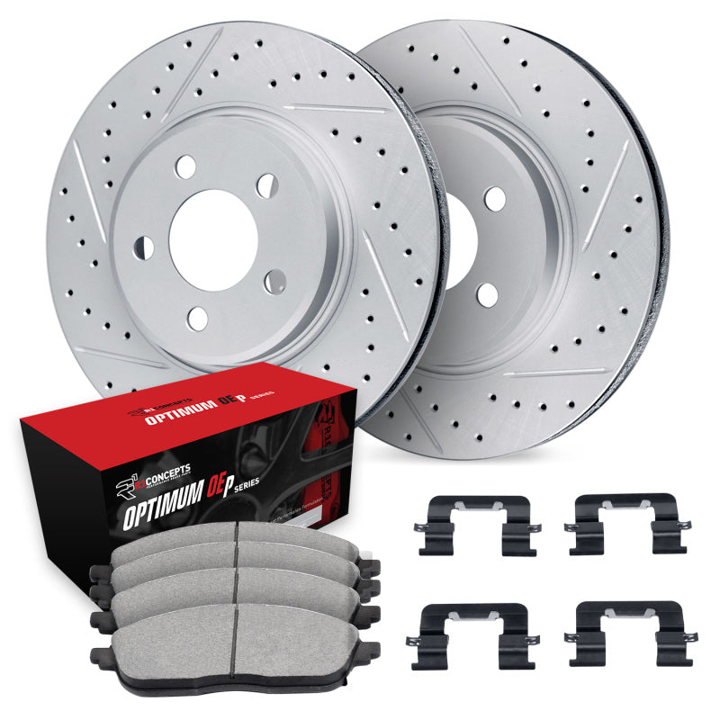 R1 Concepts R1 13-19 Nissan Sentra Front Drill/Slot Carbon Coated Rotor Set w/Optimum Pads
