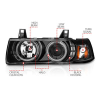 ANZO 1992-1998 BMW 3 Series E36 Projector Headlights w/ Halo Black G2 1 pc
