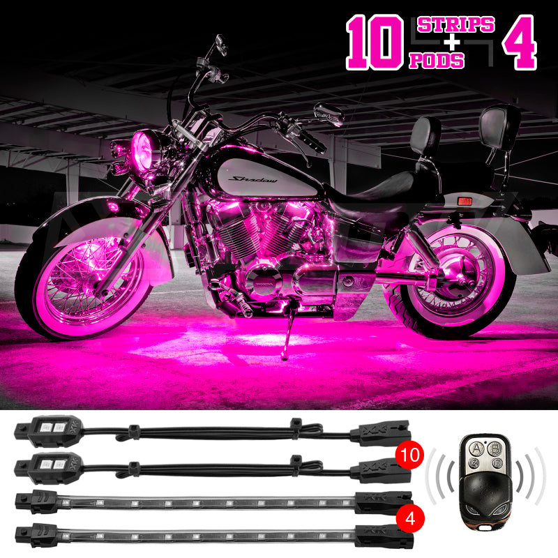 XKGLOW XK Glow Strips Single Color XKGLOW LED Accent Light Motorcycle Kit Pink - 10xPod + 4x8In