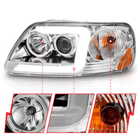 ANZO 1997-2003 Ford F-150 Projector Headlights w/ Light Bar Chrome Housing