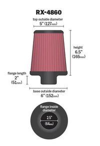 K&N Engineering K&N Filter Universal X-Stream Clamp-On Round Tprd 2.5in Flng ID x 6in Base OD x 5in Top OD x 6.5in H