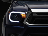Raxiom 12-15 Toyota Tacoma Axial Series Headlights/Seq LED Bar- Black- Clear Lens