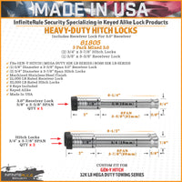 GEN-Y Hitch Gen-Y InfiniteRule (2) 3/4in x 3-7/8in Hitch Locks (1) 5/8in x 3-5/8in 3.0in Receiver Lock w/6 Keys