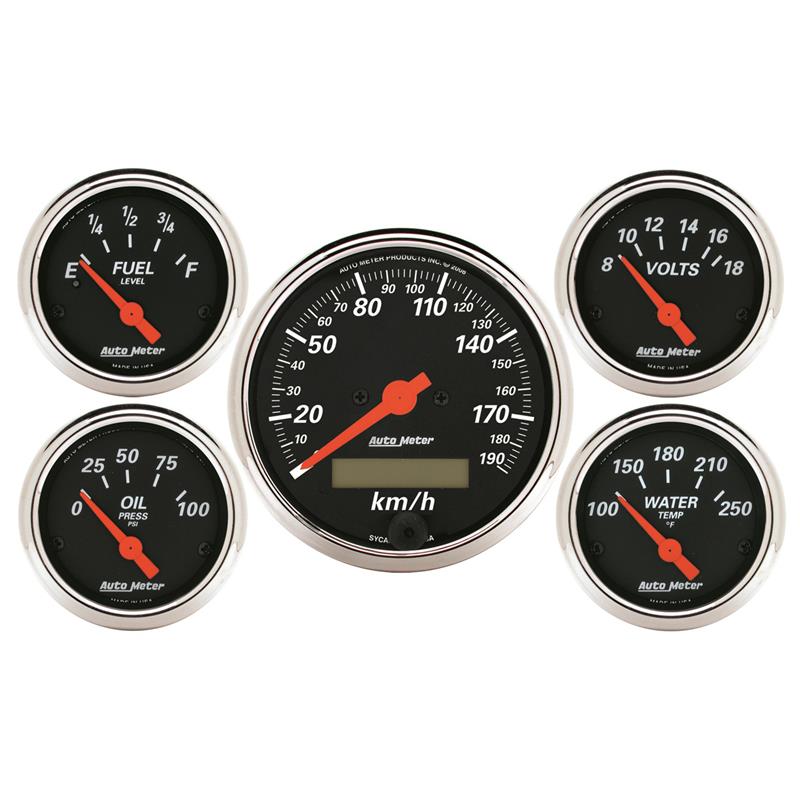 Autometer Designer Black 5 Pc Kit w/ Elec KMH Speedo, Oil Press, Water Temp, Volt, Fuel Level