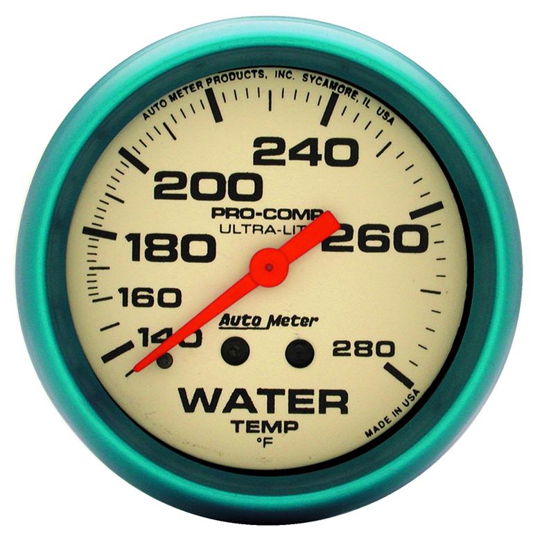 AutoMeter Gauge Wtemp 2-5/8in. 140-280 Deg. F Liq Filled Mech 4ft. Glow In Dark Ultra-Nite
